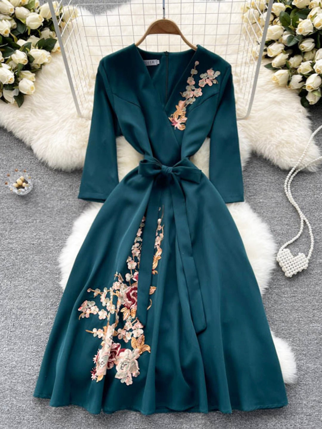 Cute V-Neck Long Sleeve Dress with Lace